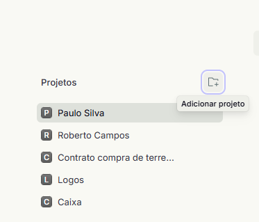 Lista de projetos na barra lateral, com o botão de adicionar projeto em destaque
