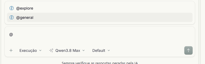 Menu do atalho arroba na caixa de mensagem, com as opções de agente general e explore