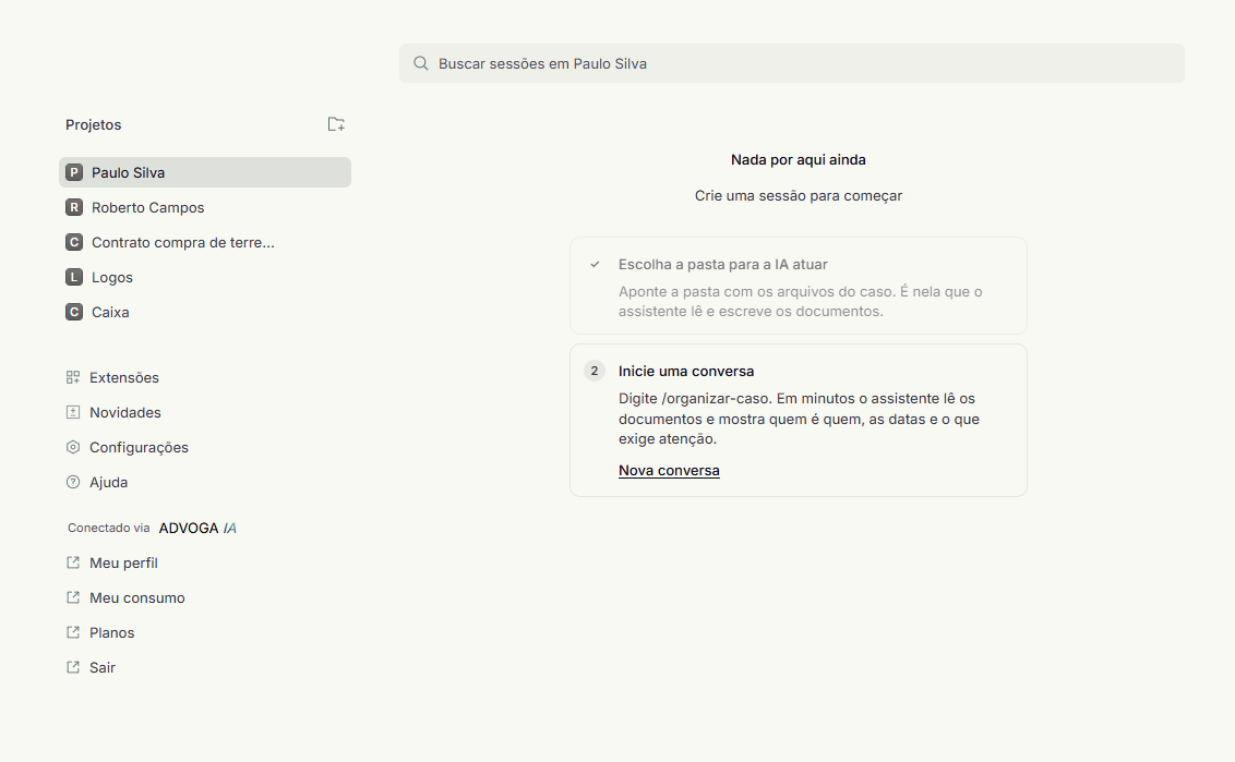 Tela de um projeto recém-criado no Vibe Lawyer, com os dois primeiros passos: escolher a pasta para a IA atuar e iniciar uma conversa