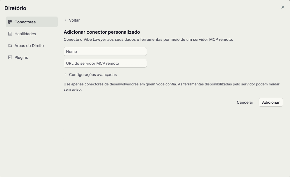 Formulário de conector personalizado, com os campos de nome e URL do servidor MCP remoto