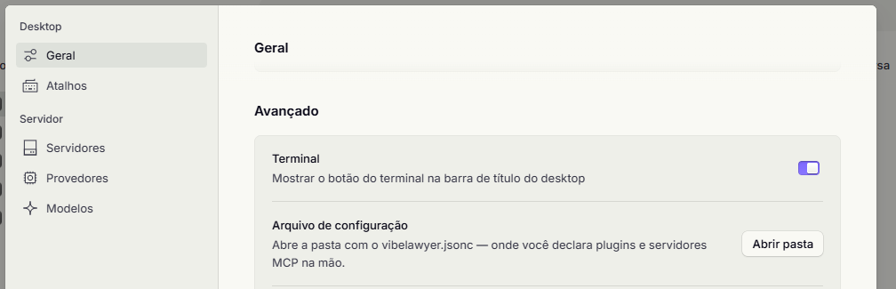 Seção Avançado das configurações, com o item Arquivo de configuração e o botão Abrir pasta