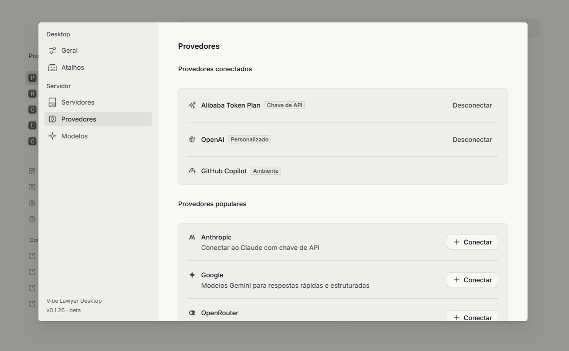 Tela de Provedores nas configurações, com os provedores conectados e a lista de populares para conectar