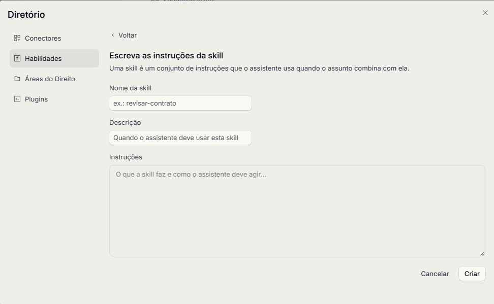 Formulário de criação de habilidade, com nome, descrição e instruções
