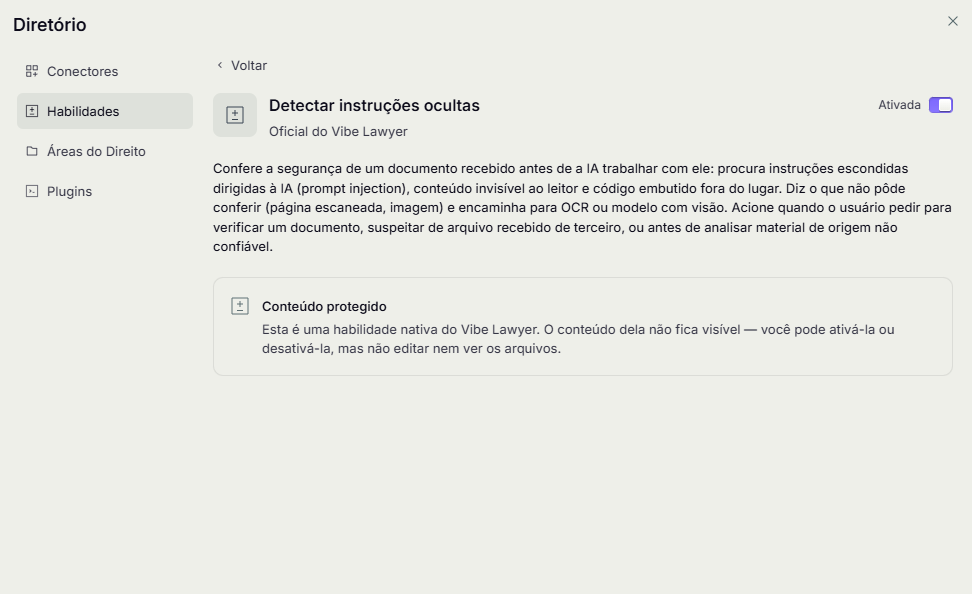 Habilidade Detectar instruções ocultas no Diretório, oficial do Vibe Lawyer, com a descrição do que ela procura