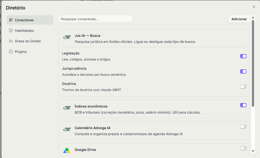 Aba Conectores do Diretório, com a busca jurídica da Jus IA, os índices econômicos, o calendário e o Google Drive