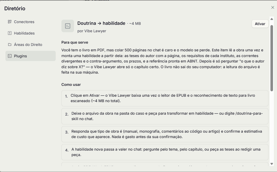 Cartão do plugin Doutrina → habilidade no Diretório, com a explicação e o passo a passo de uso