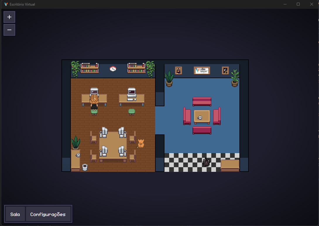 Janela do Escritório Virtual: escritório em pixel art com salas, mesas e personagens