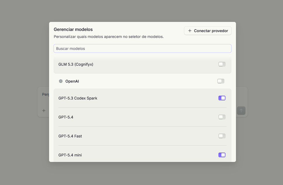 Modelos da OpenAI no gerenciador, cada um com seu interruptor, depois de conectar o provedor