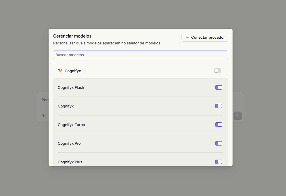 Tela Gerenciar modelos, com a busca e o interruptor de cada modelo da linha Cognifyx