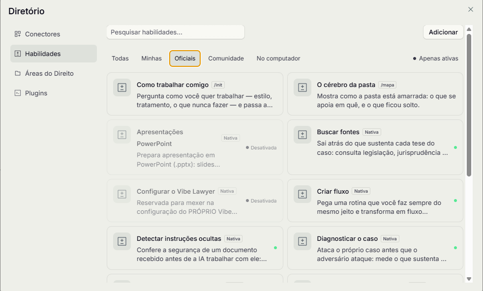 Aba Habilidades do Diretório, filtrada em Oficiais, com as habilidades e seus estados