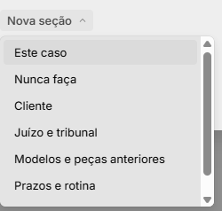 Menu Nova seção, com as opções Este caso, Nunca faça, Cliente, Juízo e tribunal, Modelos e peças anteriores, Prazos e rotina