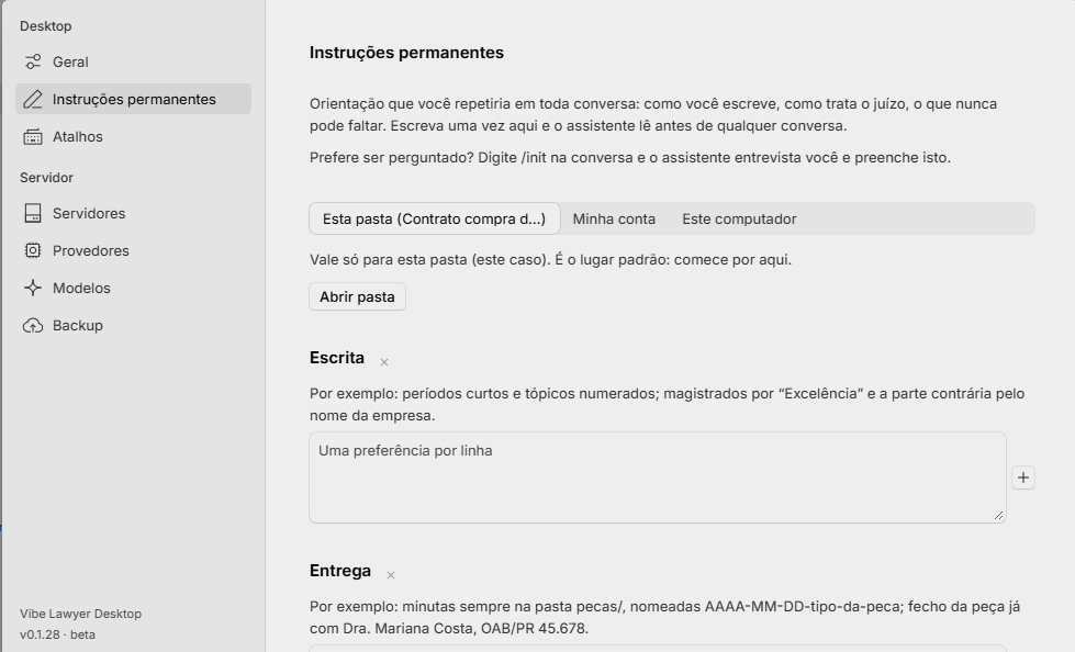Tela de instruções permanentes, com as abas de alcance e as seções Escrita e Entrega