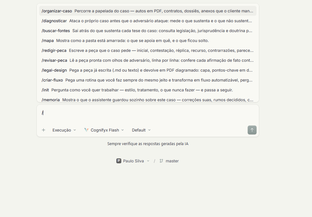 Lista de skills aberta na caixa de mensagem ao digitar a barra, com os comandos disponíveis e a descrição de cada um