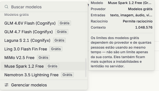 Grupo Modelos grátis no seletor, com o aviso: os limites dependem do provedor e de quantas pessoas estão usando ao mesmo tempo