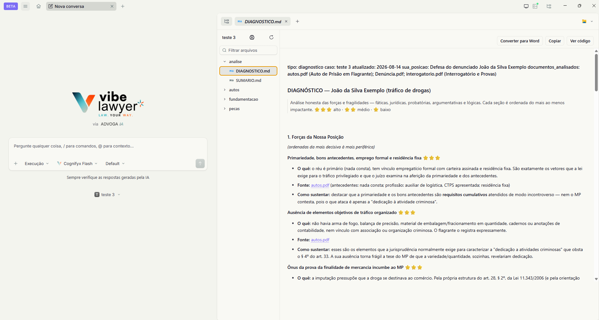Painel de arquivos aberto ao lado da conversa, com a árvore da pasta e o DIAGNOSTICO.md formatado, com os botões Converter para Word, Copiar e Ver código