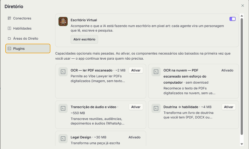 Aba Plugins do Diretório, com o Escritório Virtual e os plugins de OCR, transcrição, doutrina e Legal Design, cada um com seu tamanho