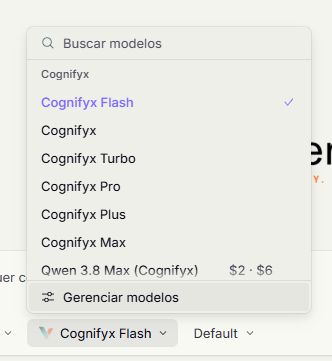 Seletor de modelos aberto, com a linha Cognifyx do Flash ao Max, o Qwen 3.8 Max e a opção Gerenciar modelos