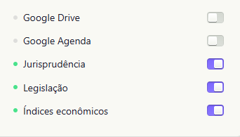 Painel de status com os conectores e a luz de cada um: jurisprudência, legislação e índices econômicos ativos