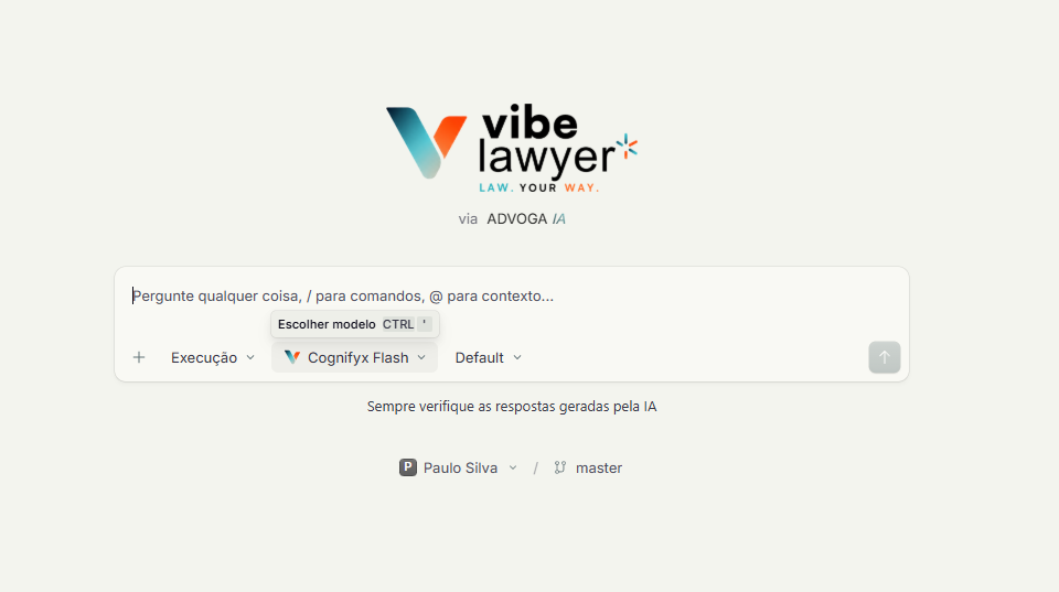 Tela de chat do Vibe Lawyer, com a caixa de mensagem, o seletor de modelo e o projeto ativo no rodapé